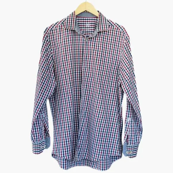 bugatchi uomo dress shirt Long Sleeve Check in Blue White Plaid Size 17.5 36/37 even when the pressure is on Vintage Bugatchi Uomo Striped Multi-colored